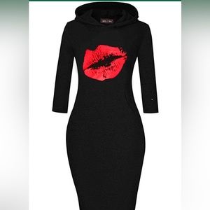 🎉FINAL PRICE🎉Long Sleeve Lips Fitted Knee Length Pocket Pullover Hoodie Dress